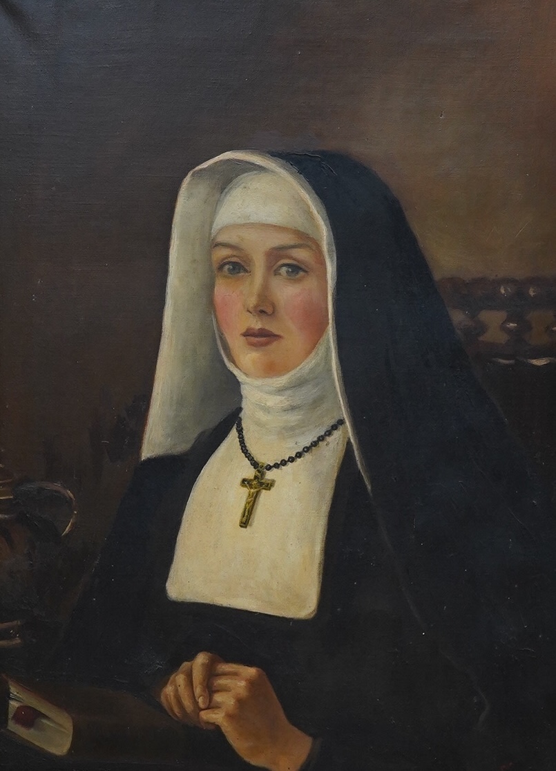 Early 20th century School, oil on canvas, Portrait of a nun, indistinctly signed lower right, 68 x 50cm. Condition - fair